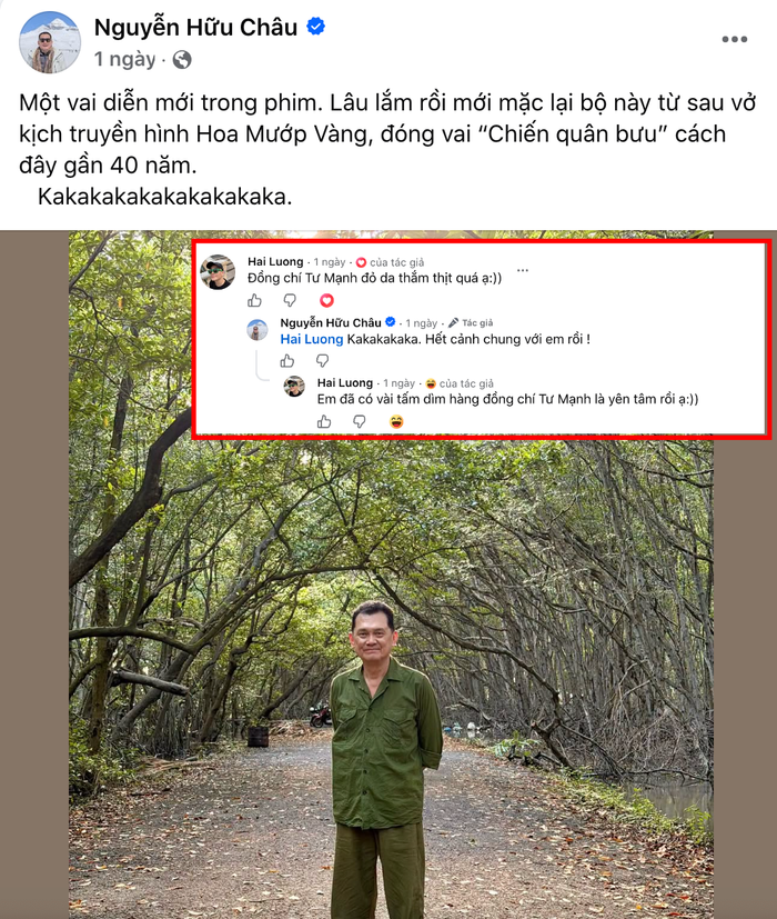 Lương Mạnh Hải có màn tương tác hài hước với NSƯT Hữu Châu khi đàn anh chia sẻ hình ảnh hậu trường phim Đặc Công Rừng Sác.