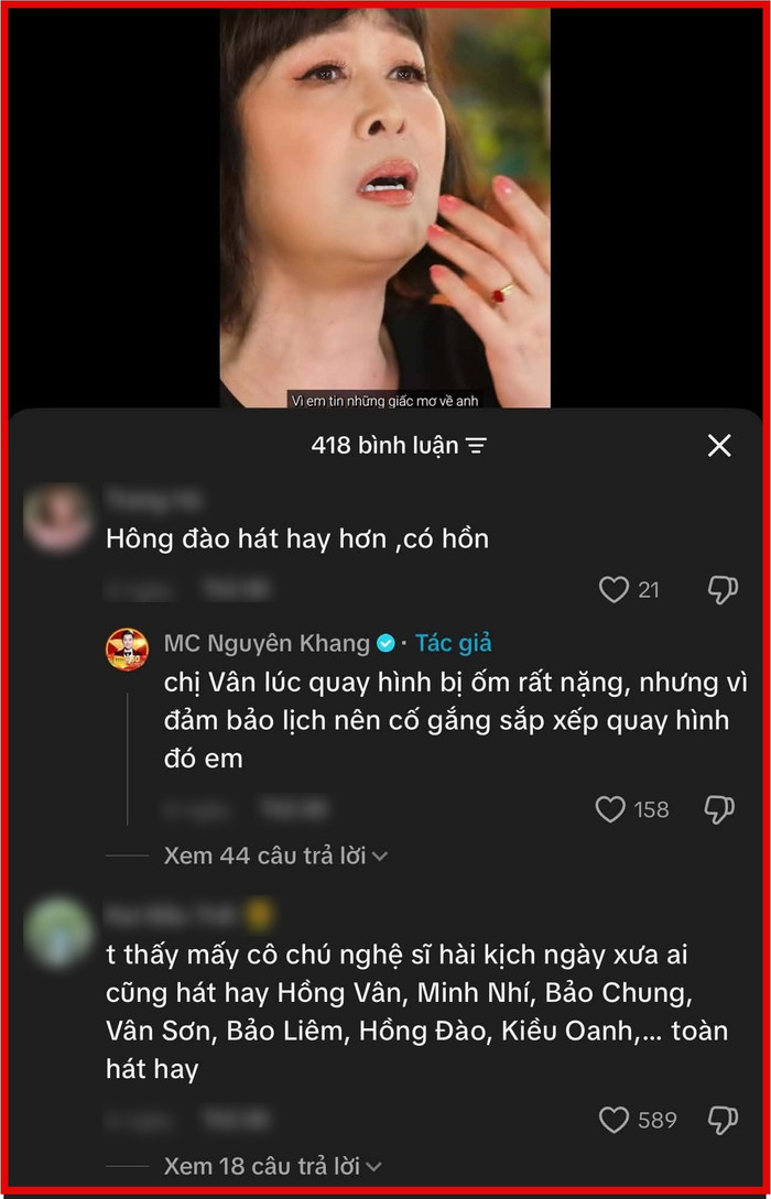 MC Nguyên Khang tiết lộ chuyện nghệ sĩ Hồng Vân bị bệnh nặng khi ghi hình.