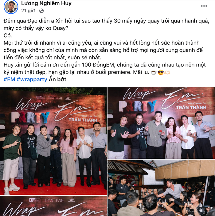 Lương Nghiêm Huy chia sẻ buổi Wrap Party của ê-kíp.