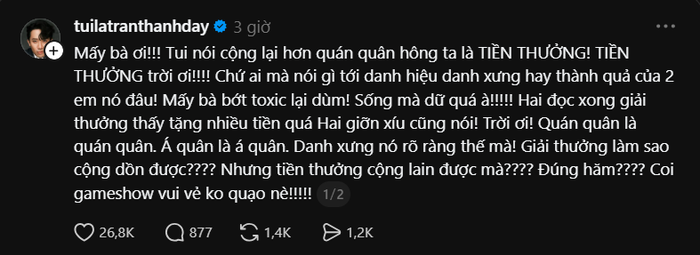 Trấn Thành lên tiếng làm rõ câu nói của mình sau khi gây tranh cãi.