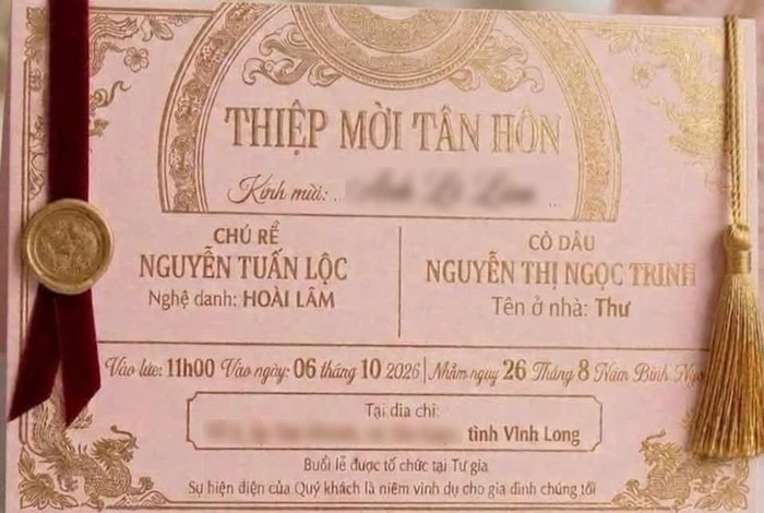 Thiệp cưới của Hoài Lâm được một người quen chia sẻ.