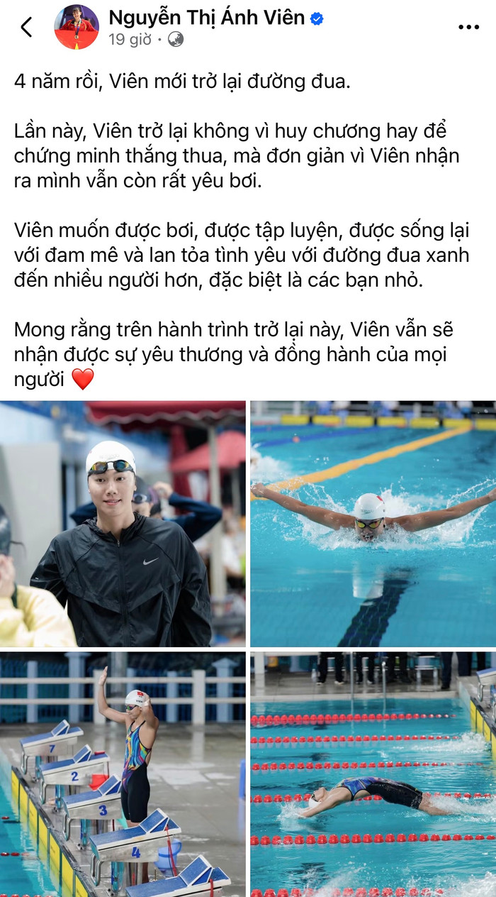 Sau 4 năm giã từ sự nghiệp, Ánh Viên đã tuyên bố về tình yêu dành cho môn bơi trong ngày tái xuất trên đường đưa xanh. Ảnh: FBNV