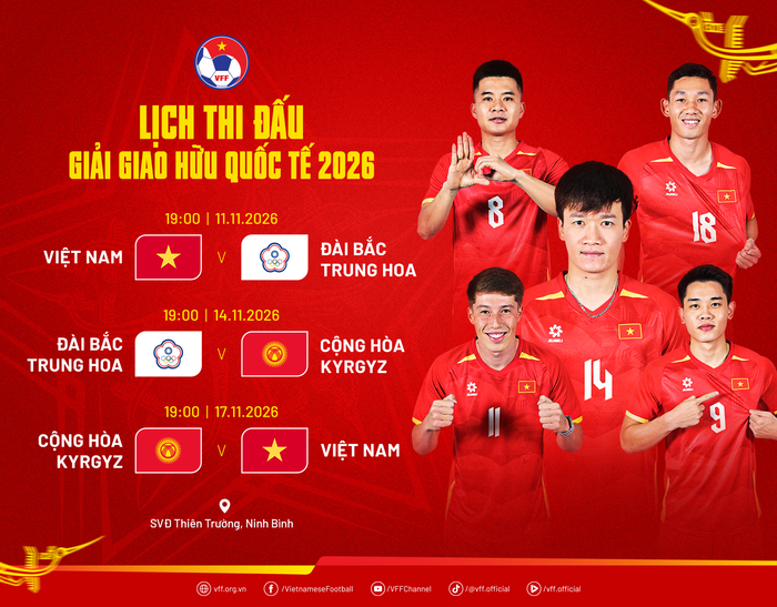 Đội tuyển Việt Nam sẽ lần lượt gặp Đài Bắc Trung Hoa và Cộng hòa Kyrgyz tại Giải giao hữu quốc tế 2026 ở Ninh Bình. Đây là đợt tập dượt quan trọng để HLV Kim Sang Sik rà soát lực lượng, hướng tới Vòng chung kết Asian Cup 2027.