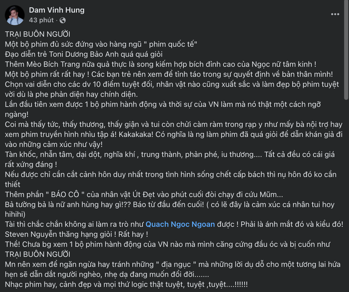 Đàm Vĩnh Hưng dành lời khen cho Trại Buôn Người và đặc biệt ấn tượng với màn thể hiện của Quách Ngọc Ngoan. Ảnh: Chụp màn hình