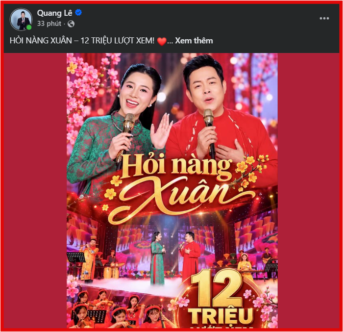 Quang Lê công bố tin vui khi ca khúc song ca cùng Tố My đạt 12 triệu lượt xem.