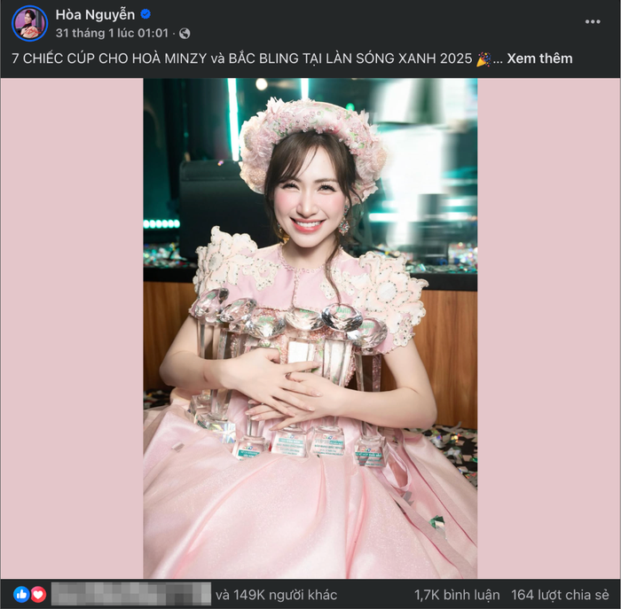 Hoà Minzy nhận được lượng tương tác khủng sau bài đăng 7 chiếc cúp của Làn Sóng Xanh 2025. (Ảnh: chụp màn hình)