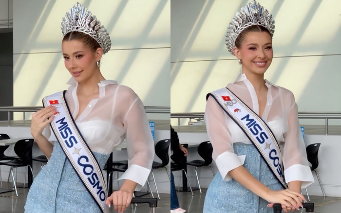 Miss Cosmo 2025 vui mừng khi được người hâm mộ săn đón, thể hiện tình cảm ở sân bay trước khi về nước. Ảnh: IGNV