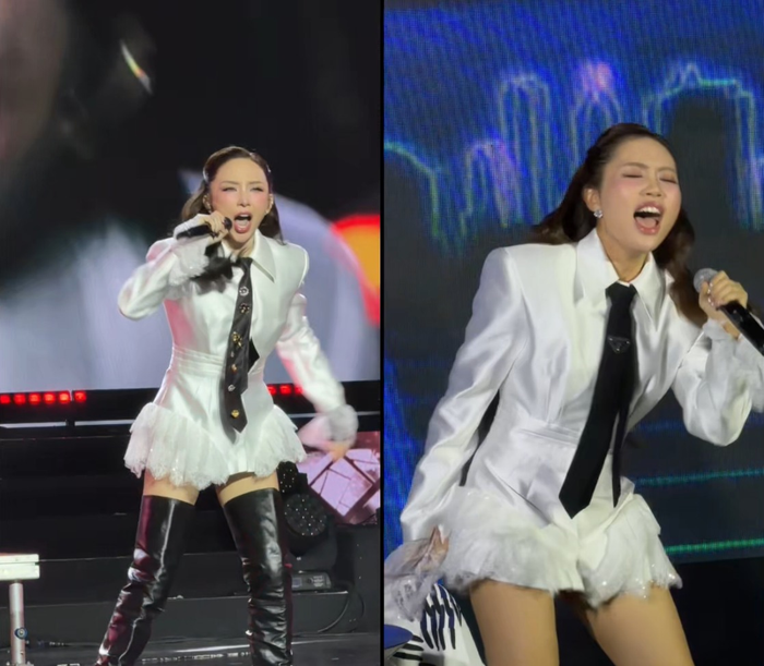 Phương Mỹ Chi hoá thân thành Tóc Tiên trên một sân khấu giao lưu mới đây.