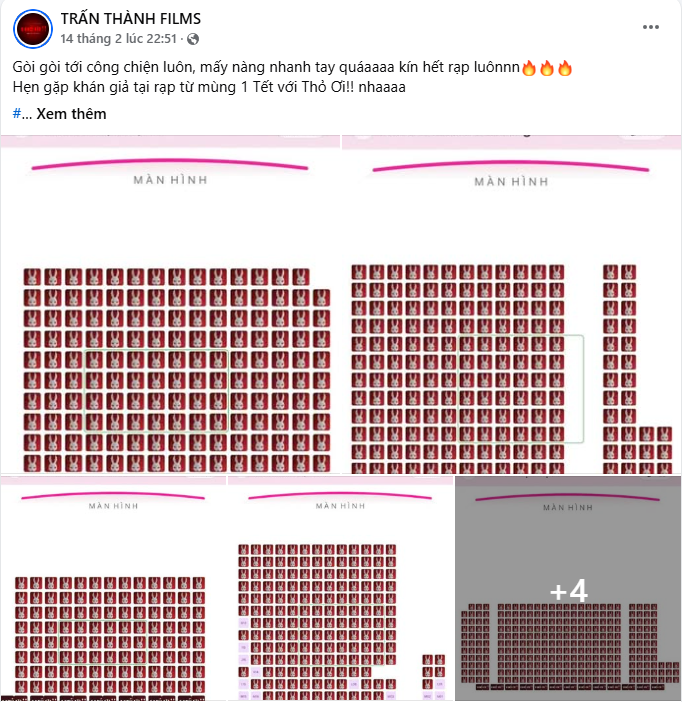 Suất chiếu Thỏ Ơi!! kín ghế ngay từ giai đoạn đặt vé sớm, nhiều khung giờ hiển thị gần như 100% đã bán