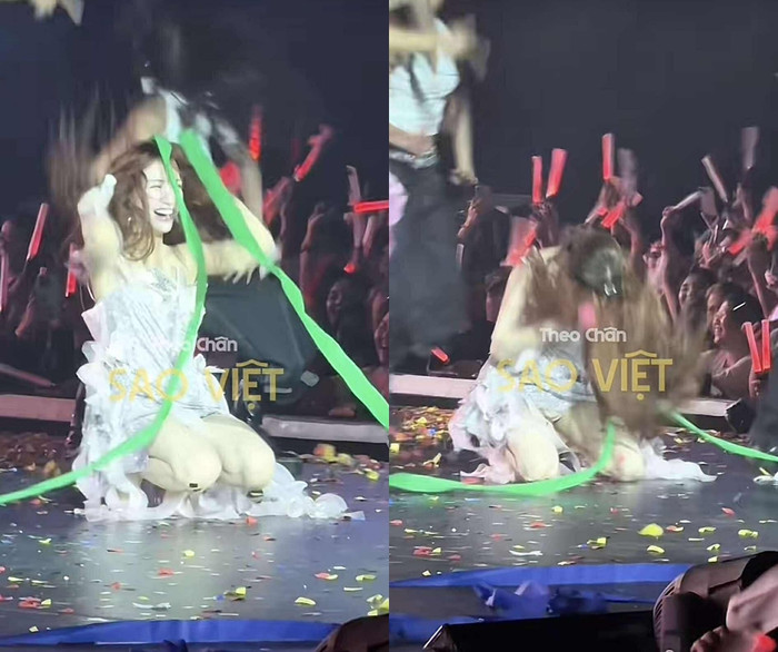Hòa Minzy gặp sự cố rớt tóc giả trước 8.000 khán giả. (Ảnh chụp màn hình từ TikTok Theo chân sao Việt)