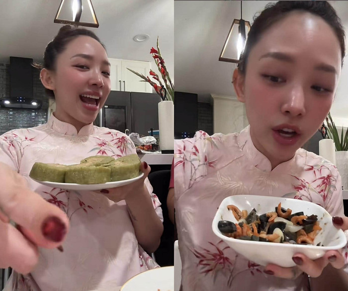 Tóc Tiên quay clip thưởng thức những món ăn đặc trưng của Tết. Nhiều khán giả đoán rằng, nữ ca sĩ qua Mỹ sum họp cùng gia đình trong dịp năm mới.