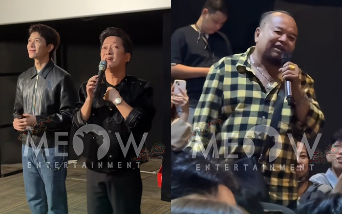 Trường Giang nhớ về kỷ niệm cũ liên quan đến Việt Hương khi gặp Tam Thanh tại một cụm rạp. Ảnh: Meowentertainment