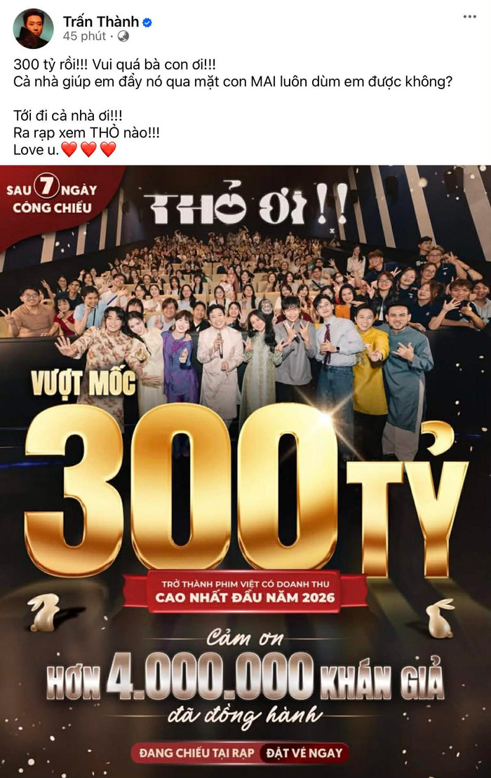 Trấn Thành hào hứng khoe tin vui nhân dịp Thỏ Ơi!! trở thành phim Việt có doanh thu cao nhất đầu năm 2026. Ảnh chụp màn hình