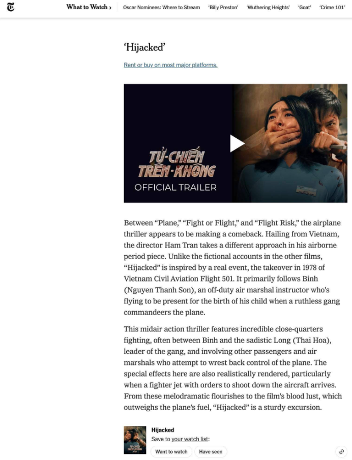 Tử chiến trên không xuất hiện trong danh sách 5 phim hành động đáng xem của The New York Times