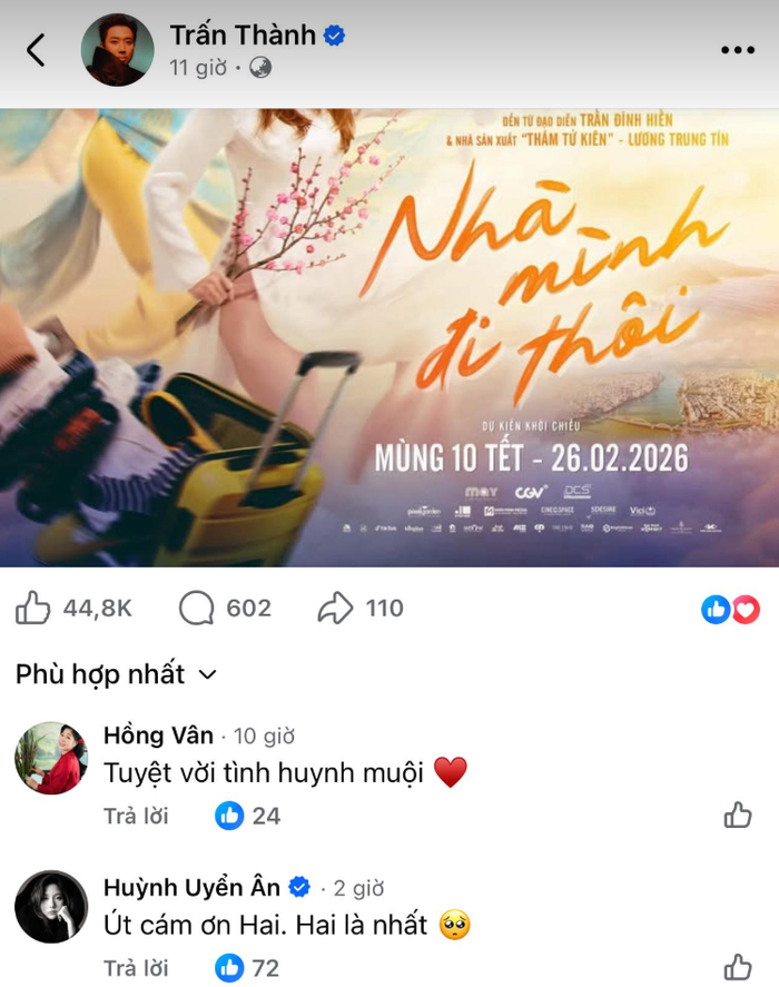 Phản ứng của NSND Hồng Vân khi Trấn Thành ủng hộ phim của em gái (Ảnh: Chụp màn hình).