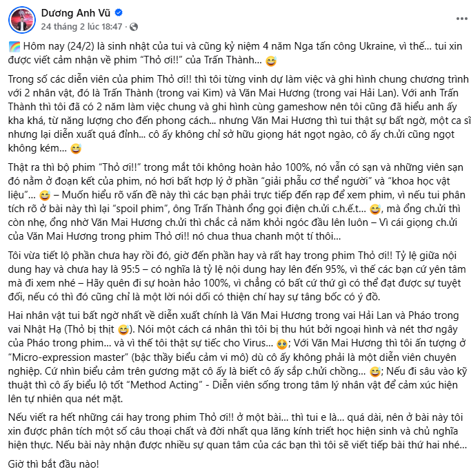 Kỷ lục gia Dương Anh Vũ gây chú ý với nhận định về phim của Trấn Thành