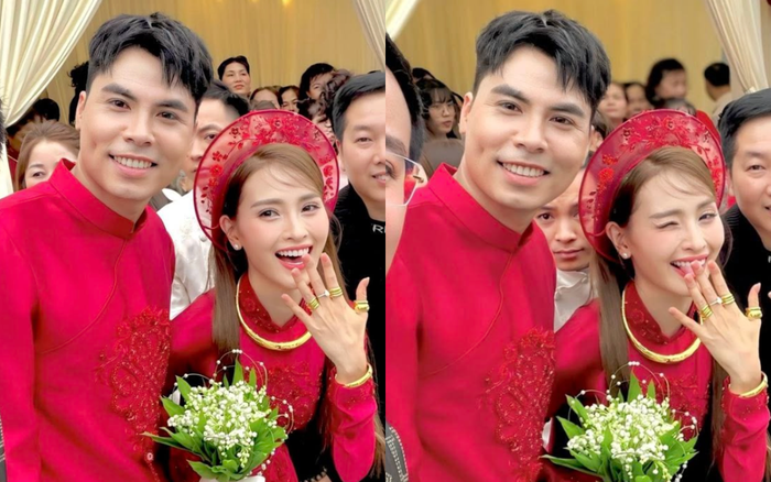 MC Huyền Trang và cầu thủ Đức Huy cười tươi rói trong ngày trọng đại. Ảnh: Nguyen Tuan Anh