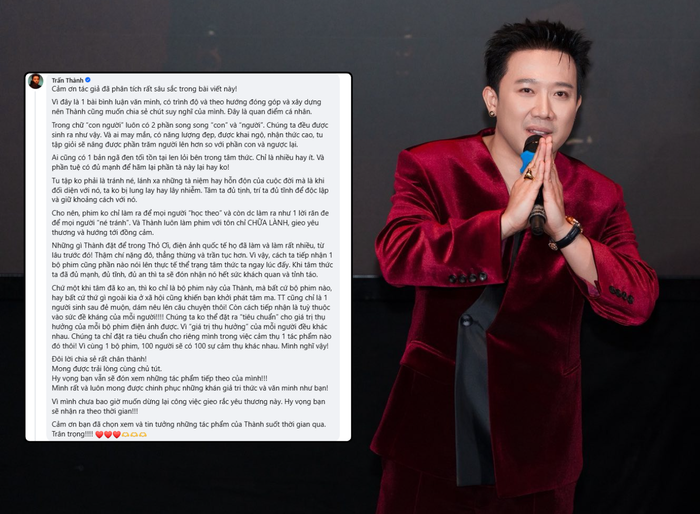 Trấn Thành đã để lại tâm thư dài hơn 600 từ ngay dưới bài bình luận về Thỏ Ơi!!.&nbsp;