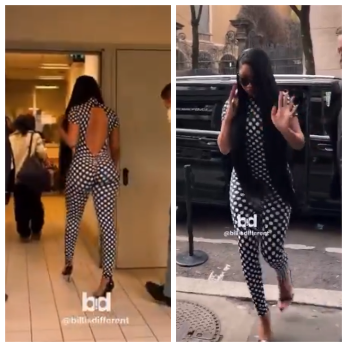 Megan Thee Stallion diện jumpsuit đen chấm bi trắng ôm sát. Ảnh: X
