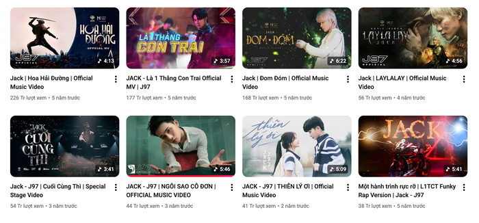 Loạt video trên trang Youtube của Jack (J97) đều nhận về hàng chục, hàng trăm triệu lượt xem. (Ảnh: chụp màn hình)