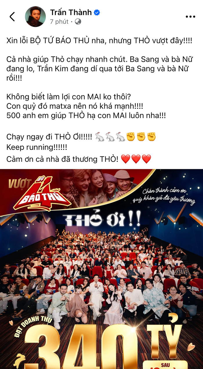 Nam đạo diễn chia sẻ niềm vui khi Thỏ Ơi!! đạt doanh thu 340 tỷ, vượt mặt Bộ Tứ Báo Thủ. - Ảnh: FBNV