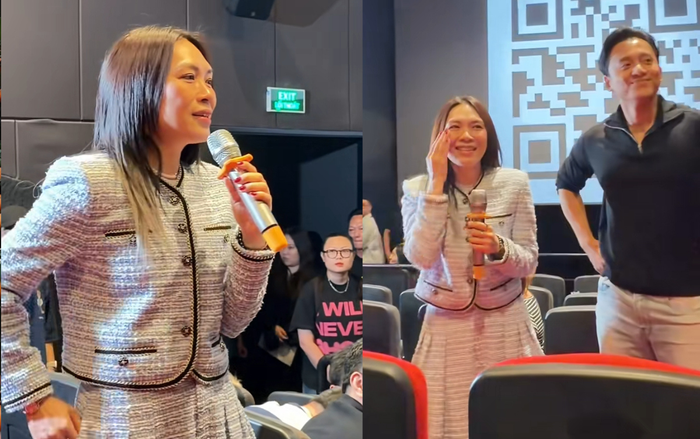 Hình ảnh Mỹ Tâm và Mai Tài Phến trong buổi chiếu thân mật phim Tài cho người thân, bạn bè. (Ảnh chụp màn hình TikTok bhdstarlevanviet)