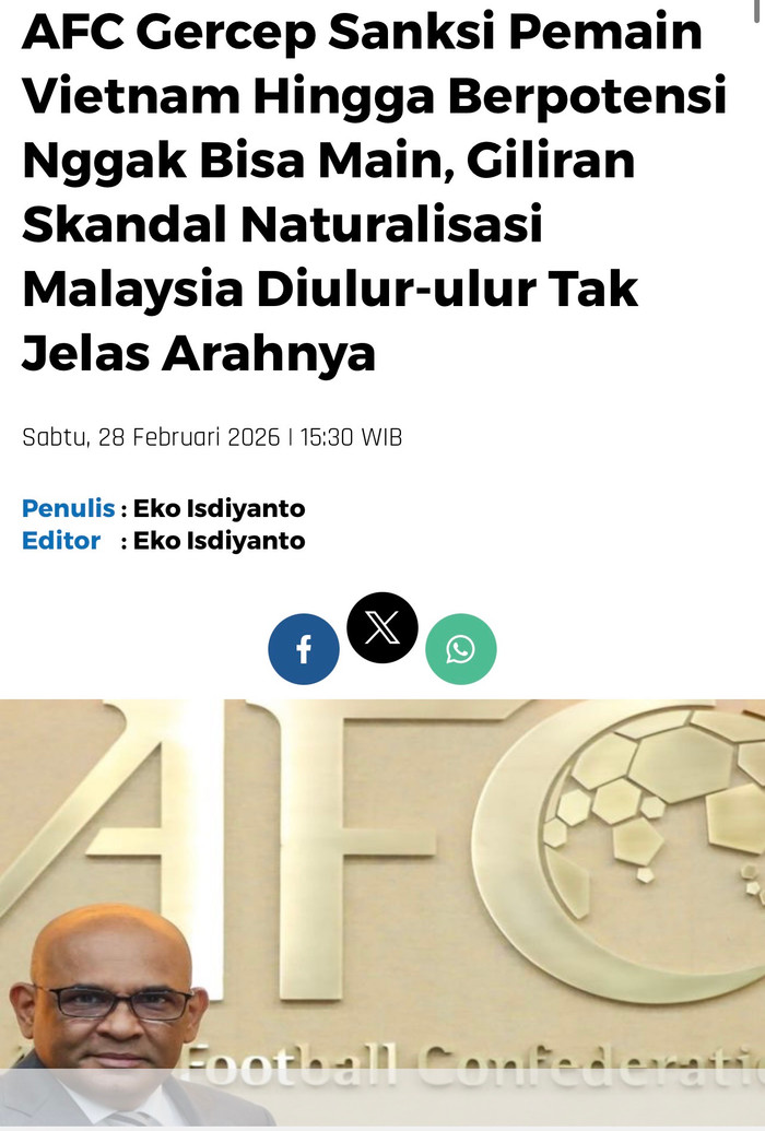 Truyền thông Indonesia có bài viết với tiêu đề: “AFC nhanh tay phạt cầu thủ Việt Nam, nhưng vụ bê bối nhập tịch Malaysia lại kéo dài chưa rõ hướng xử lý”.