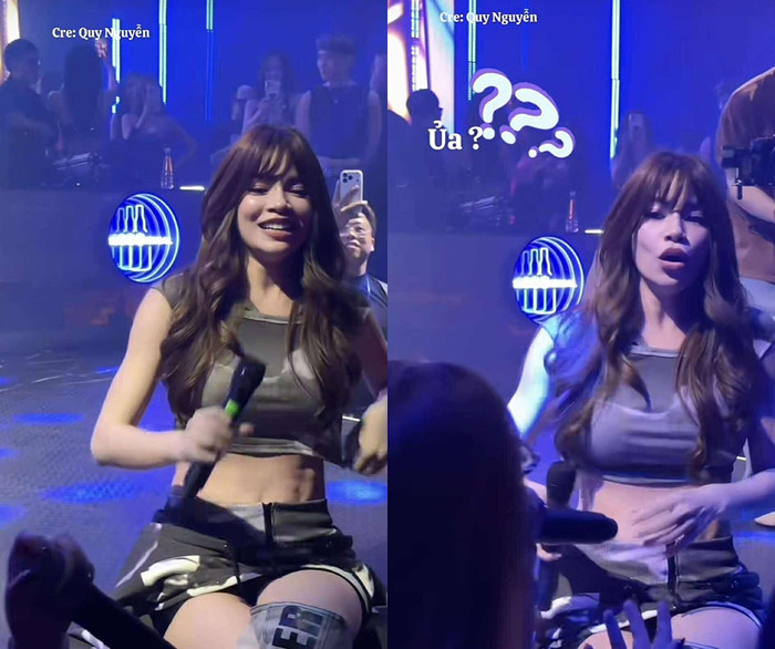 Hồ Ngọc Hà 'đứng hình' trong tích tắc khi khán giả bất ngờ hát bài của Mỹ Tâm. (Ảnh từ Quy Nguyễn)