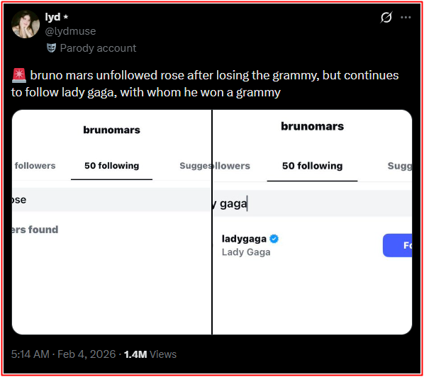 Bruno Mars hủy theo dõi, chặn Rosé sau thất bại tại GRAMMY 2026? Ảnh 2