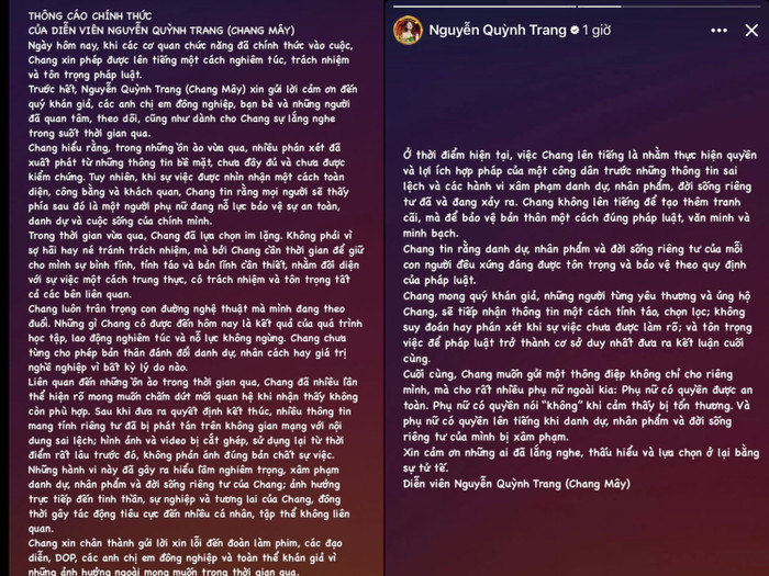 Chia sẻ của nữ diễn viên trên mạng xã hội về ồn ào vừa qua. - Ảnh: Chụp màn hình FBNV