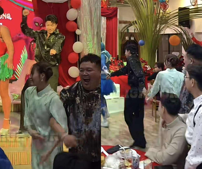 S.T Sơn Thạch nắm tay Ninh Dương Lan Ngọc lên sân khấu 'quẩy' hết mình tại buổi tiệc tất niên. (Ảnh chụp màn hình từ TikTok Light On Tv)