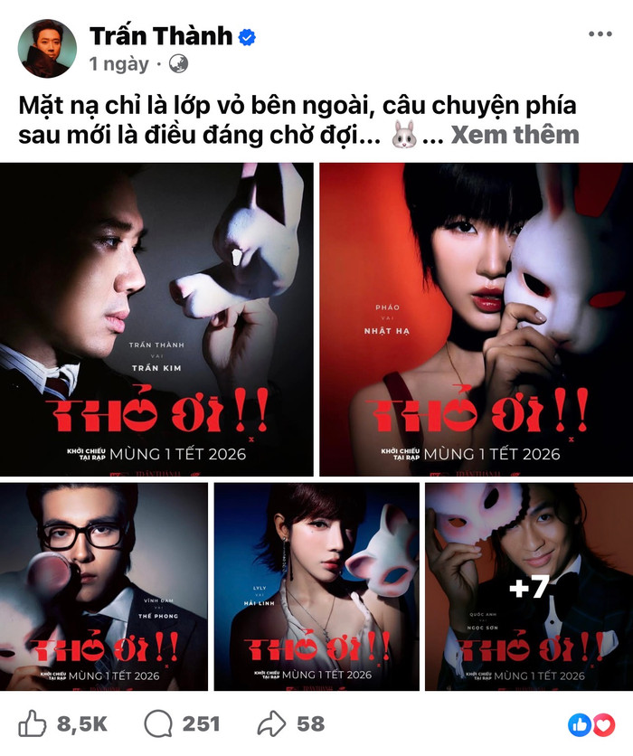 Trấn Thành nhận gần 10 nghìn lượng tương tác trong bài đăng tung vai diễn trong phim Thỏ Ơi!. (Ảnh: chụp màn hình)