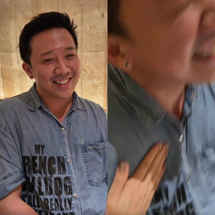 Trấn Thành cười tươi rói khi trêu đùa vợ trong bữa tiệc sinh nhật riêng tư. Ảnh: FBNV