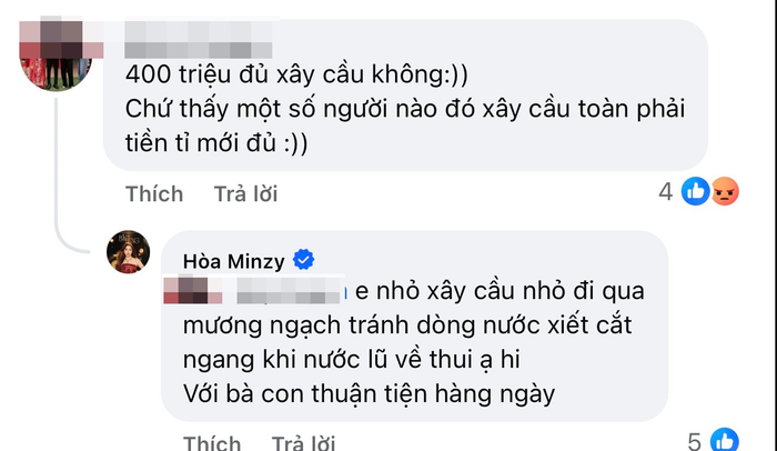 Hòa Minzy thẳng thắn đáp trả bình luận trái chiều về số tiền 400 triệu để xây cầu.