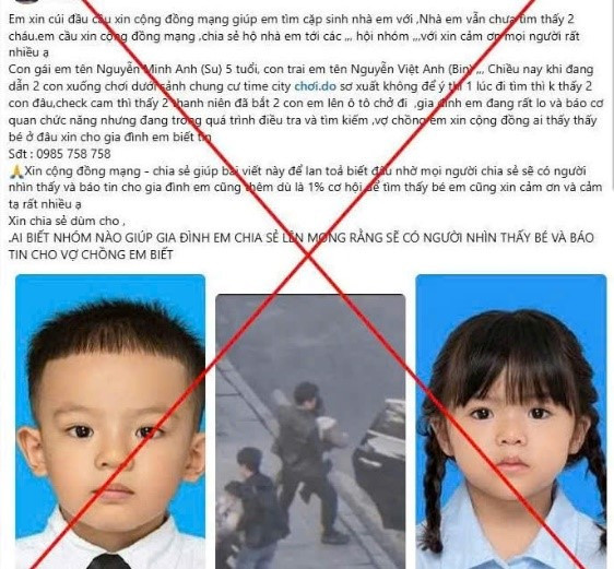 Thông tin 2 trẻ em bị bắt cóc tại khu vực Times City là sai sự thật. Nguồn: Công an TP Hà Nội