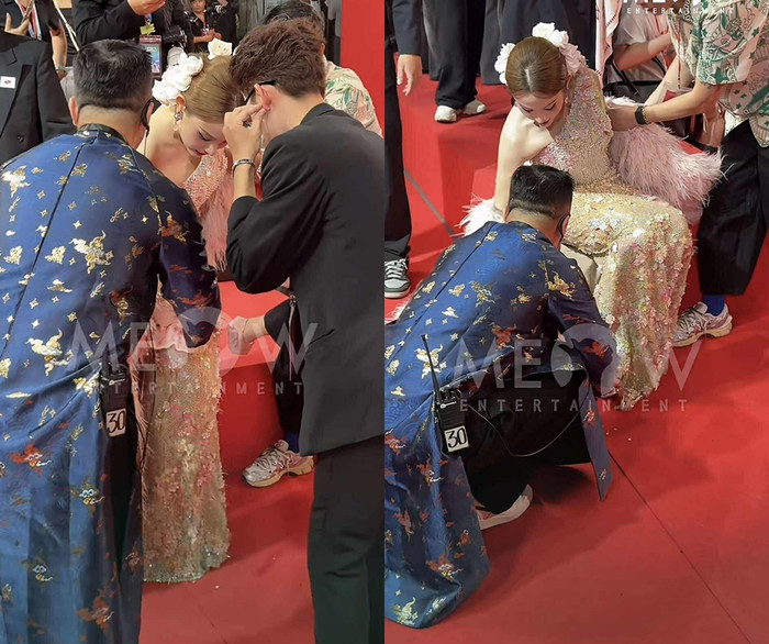 Người đẹp 8X được hỗ trợ sau khi vấp ngã. (Ảnh từ TikTok Meow Entertainment)