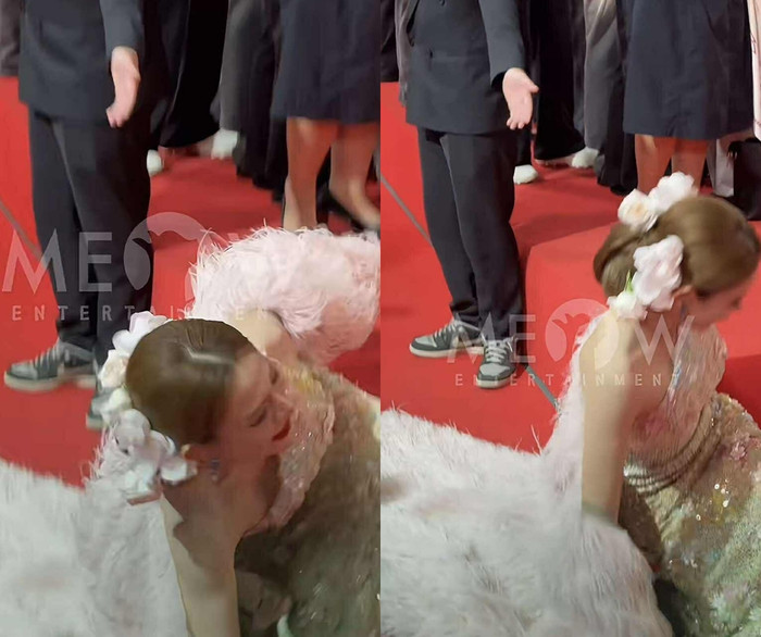 Huyền Baby ngã sõng soài ngay trên thảm đỏ. (Ảnh từ TikTok Meow Entertainment)