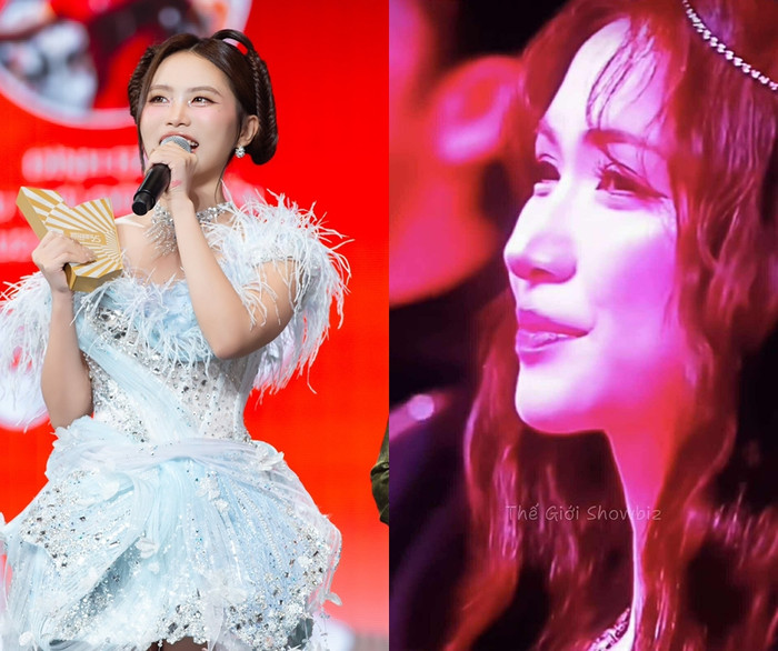 Hòa Minzy mỉm cười, dõi theo khi Phương Mỹ Chi được xướng tên Top 10 nhân vật truyền cảm hứng 2025 tại một giải thưởng.