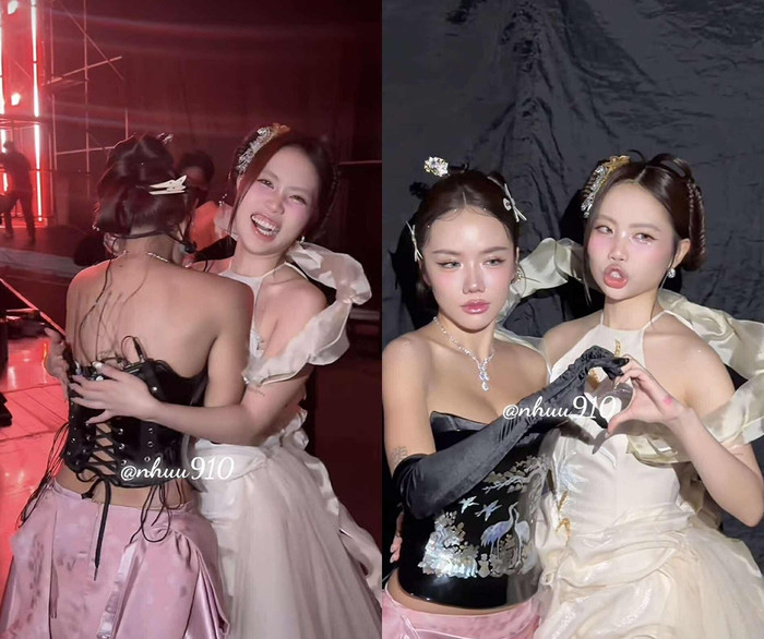 Phương Mỹ Chi và Phương Ly hài hước chụp ảnh, tương tác thân mật khi gặp nhau. (Ảnh từ TikTok @nhuu910)