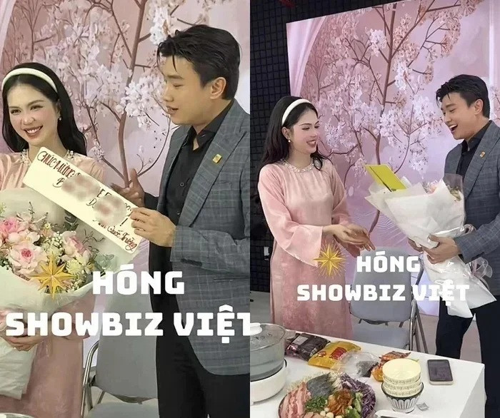 Nam diễn viên tặng Ngọc Trinh bó hoa to. (Ảnh từ TikTok Hóng showbiz Việt)