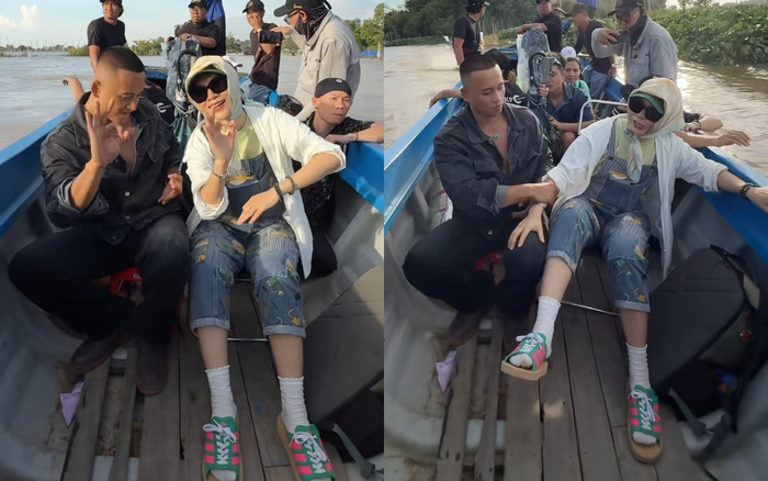 Mỹ Tâm được Mai Tài Phến giúp đỡ khi suýt ngã thuyền. Ảnh chụp màn hình