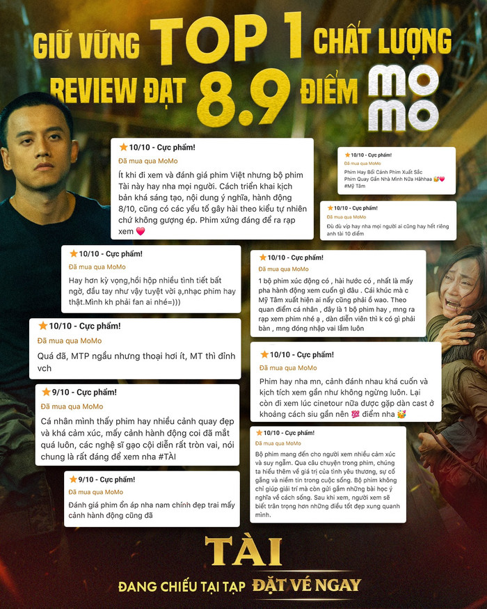 Tài giữ vị trí top 1 bảng xếp hạng chất lượng review trên ứng dụng MoMo với số điểm 8,9.&nbsp;