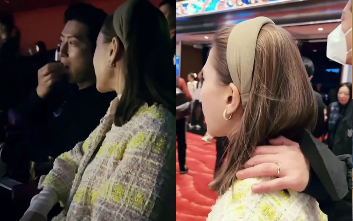 Đậu Kiêu và Hà Siêu Liên thoải mái ngồi sát rạt khi cùng nhau theo dõi một chương trình biểu diễn. Nam diễn viên còn khoác tay vào vai vợ ở chốn đông người. Ảnh: Weibo