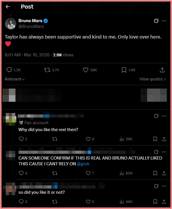 Bruno Mars lên tiếng sau nghi vấn 'thả tim' bài đăng chế giễu Taylor Swift Ảnh 3