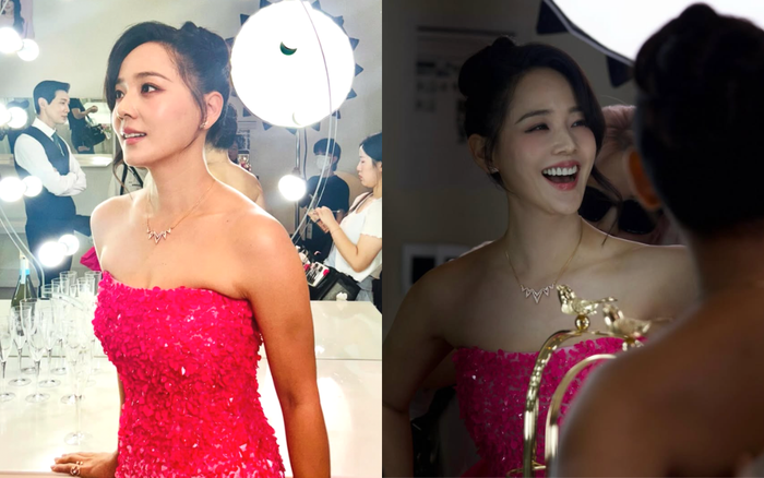 Eugene tự tin diện váy quây, cười tươi rói khi xuất hiện ở hậu trường. Ảnh: IGNV