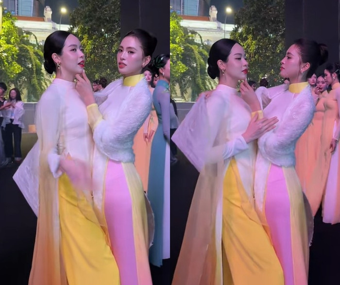 2 nàng hậu 'cosplay' dáng chụp ảnh của Tiểu Vy và Quốc Trường trong poster dự án phim điện ảnh sắp ra mắt.