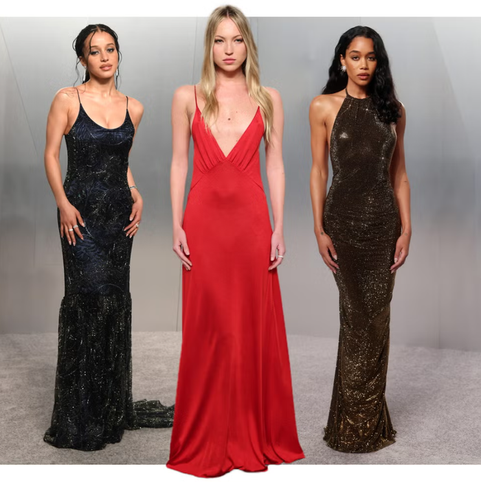 Từ phải sang: Chase Infiniti trong trang phục Louis Vuitton, Lila Moss trong trang phục Fendi, Laura Harrier trong trang phục Gucci.