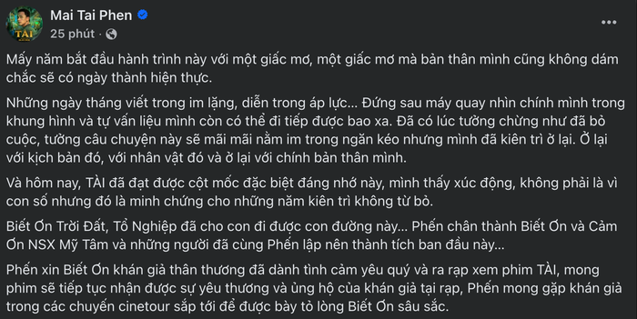 Mai Tài Phến trong vai trò đạo diễn cũng đã chia sẻ cảm xúc khi dự án Tài đạt thành tích 100 tỷ. - Ảnh: Chụp màn hình