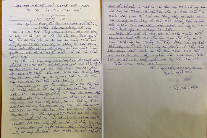 Thư cảm ơn của Ông Hà Hữu Thạnh gửi đến Công an phường Cái Răng.&nbsp;