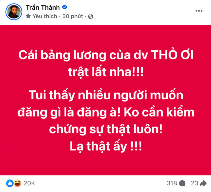 Bài viết mới đăng tải của Trấn Thành (Ảnh: Chụp màn hình).